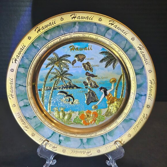 The Art Of Chokin 24KT Gold Edged Hawaiian Islands 7 3/4" Made in Japan - Picture 1 of 10